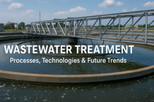 Modern wastewater treatment plant with sedimentation tanks and infrastructure
